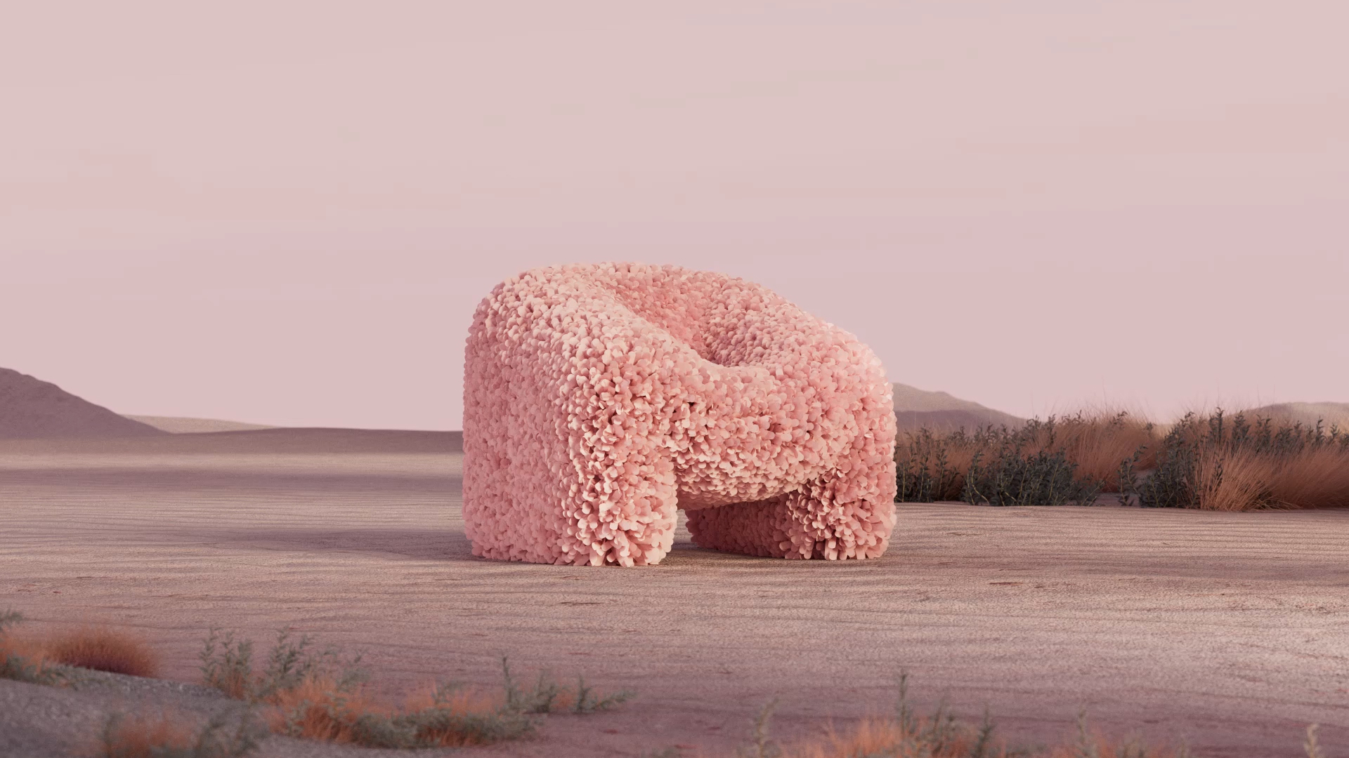 The “Hortensia Chair” is standing in an virtual landscape.